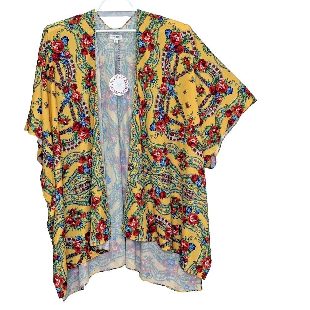 Umgee Kimono Top Size S/M Yellow w/ Rose Floral Print Open Front Short‎ Sleeve
